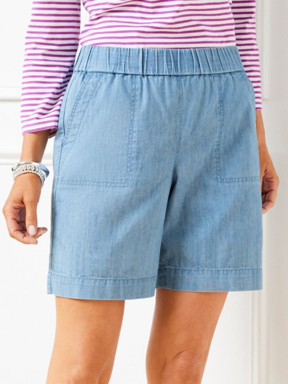 NWT Talbots Chambray Pull On Shorts 3X Plus Size Blue Cotton Elastic Waist